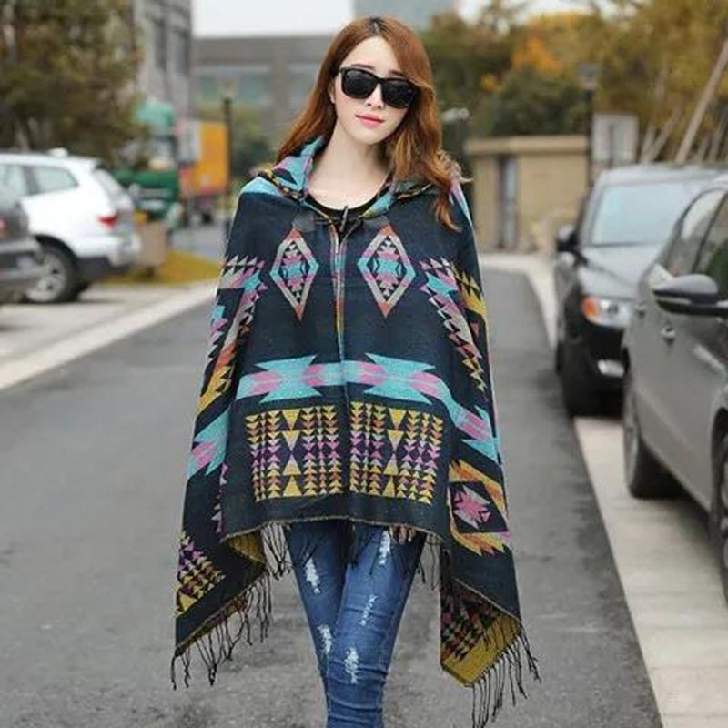 Ethnic Style Travel Outside with Shawl Cloak Female Autumn and Winter Thick Warm Red Shawl Windproof Buckle Hooded Cloak