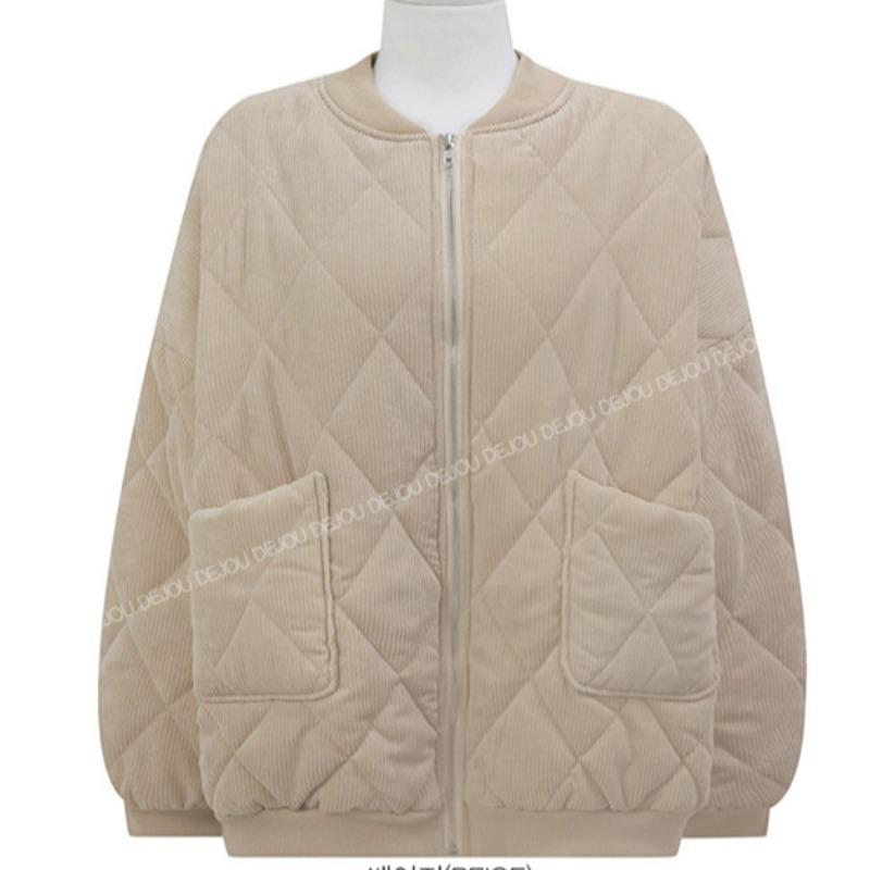 Fall Winter Women Cotton Liner Parka Jacket Coat with O-neck Puffer Corduroy Preppy Style Zipper Pockets Retro Loose Solid Color Black Khaki S-XL