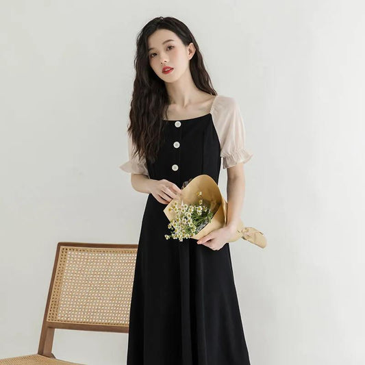 French Retro Style Sexy Black Woman Square Collar Puff Short Sleeves Wedding Part Mid-calf Dress