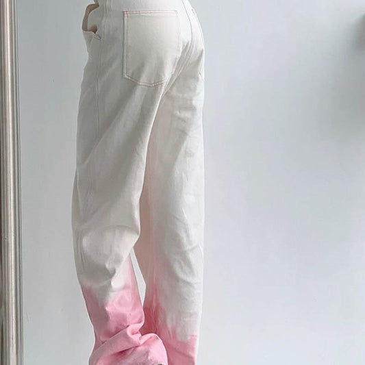 Gradient Straight Jeans Female High Waist Large Size Fat Mm Loose Thin European and American Pink Pants Tide