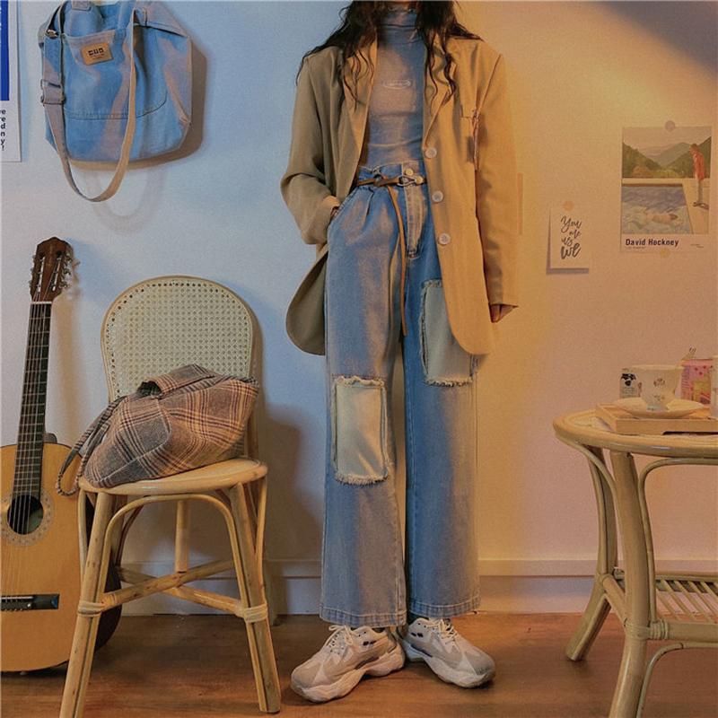 Retro High Waist All-match Loose Straight Pants Autumn and Winter Personality Ripped Beggar Patch Jeans