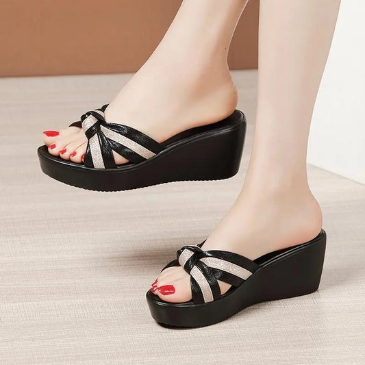 Female Large Size Soft Sole Middle Heel Slippers Women Summer Thick Wedge Heel Fish Mouth Outerwear Slippers