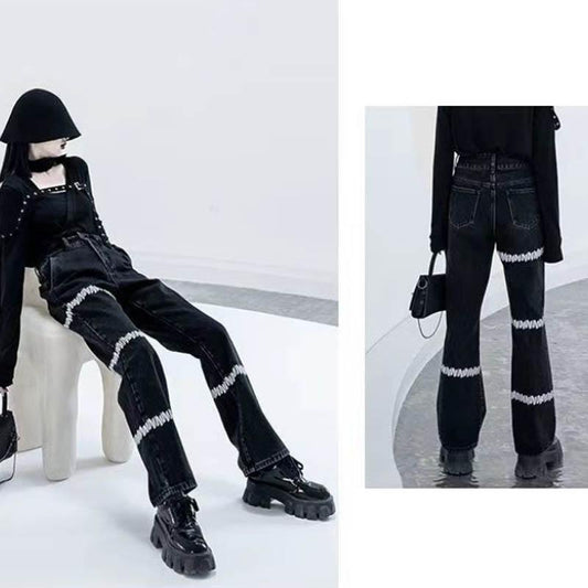Design Sexy Small Print Straight Jeans Female Retro High Waist Slim Easing Loose Wrapping Leg Pants Tide