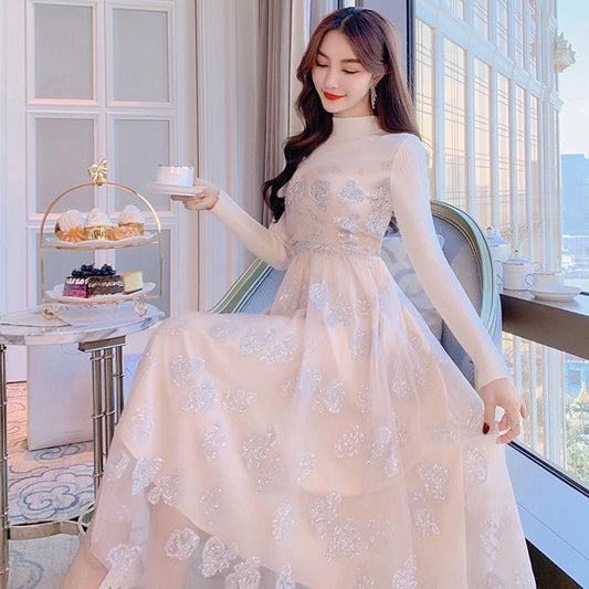 Fashion mesh gown sequin dress women autumn and winter dress plus size slim knitted dress woman