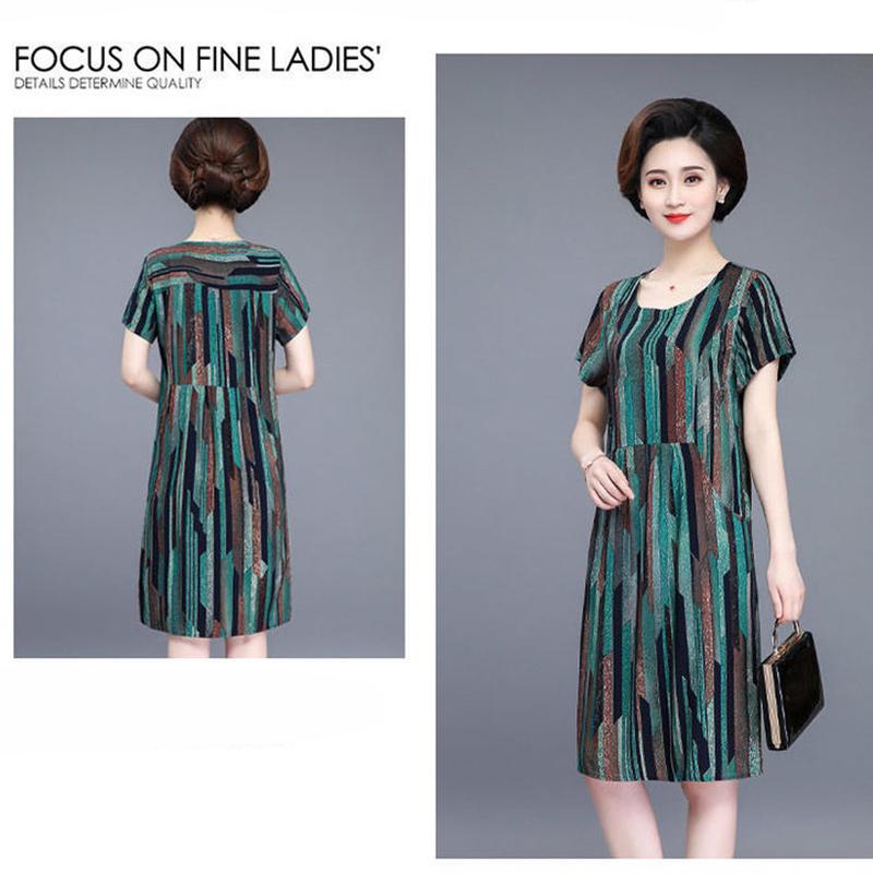 Women Summer XL-XXXXXL Plus Size Mid-length Printed Dress Short Sleeve A-line Knee-length Round Neck Pocket