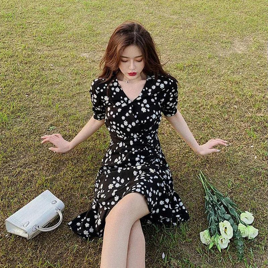 Women's Summer Dress V-neck Slim Floral A-line Skirt