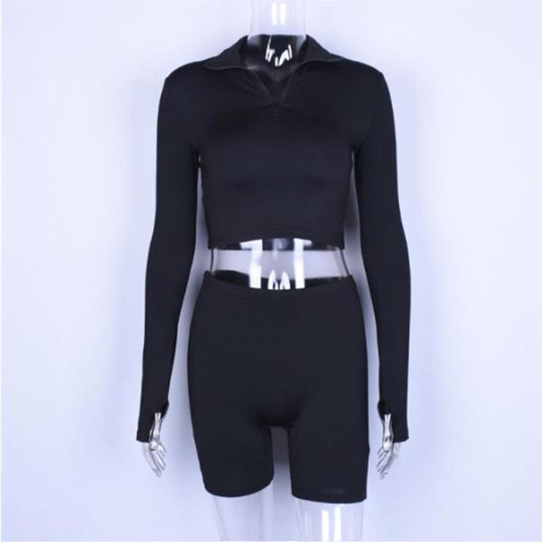 WTEMPO Long Sleeve Zipper Boss Elasticity Sexy Short Top + Five-point Shorts Casual Sports Suit Navel Two-piece Suit