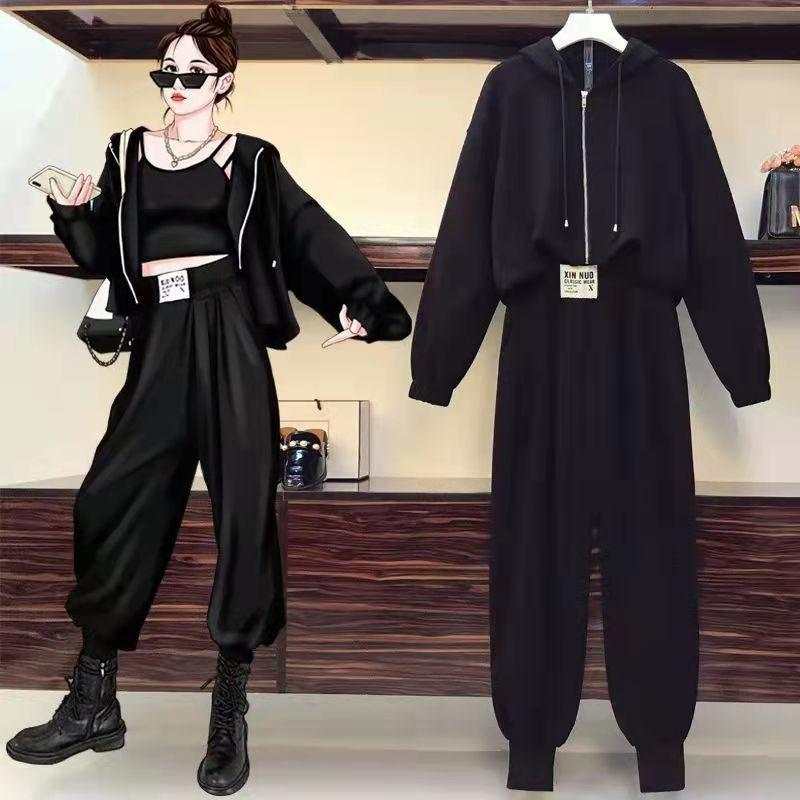 2PCS Plus Size Women's Autumn Suits Fat Sister Slim Zipper Cardigan Long-sleeved Hooded Sweater Jacket Jogging Sweatpants Sweatpants Two-piece Set