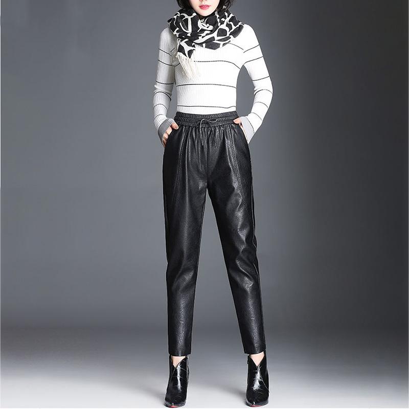 WTEMPO Black High Waist Leather Pants Women Elastic Waist Strap Harem Pants PU Wide Leg Trousers