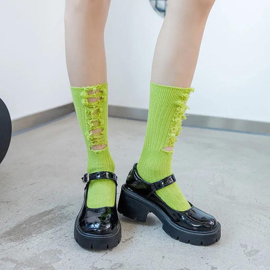 Fall/winter Socks Women's Ripped Pure Cotton Socks High Tube Tailoring Pile Socks Solid Color Knitted Socks