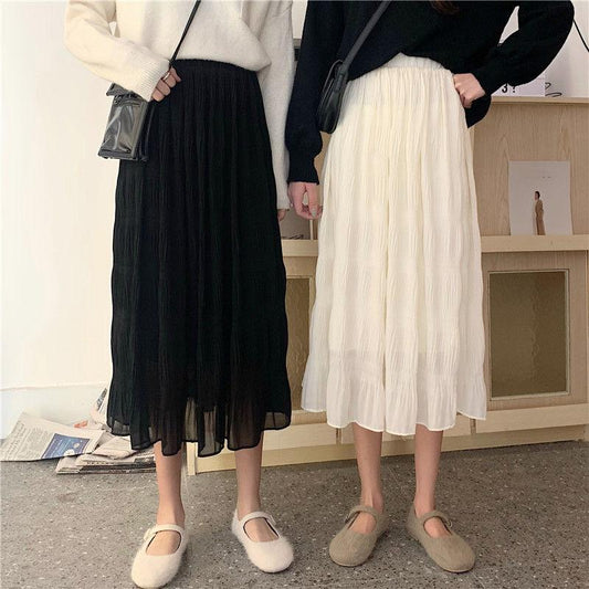 Folds Yarn Skirt Woman's Mid-length Elastic Waist Ruffle Hem High Waist A-line Skirt School Work Travel