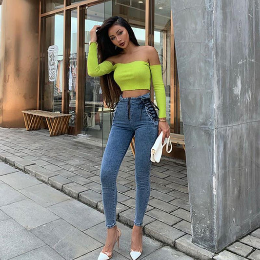 Women High Waist Jeans Woman Sexy Black Blue Elastic Skinny Pencil Pants Female Plus Size Zipper Wash Denim Trousers Girl