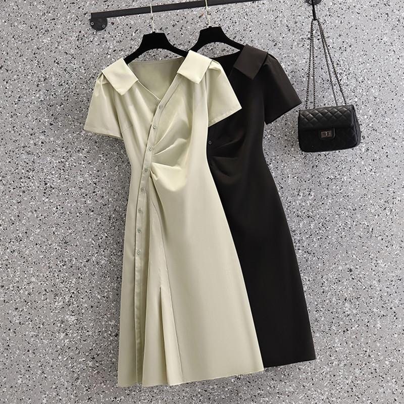 Large Size Dress Women's Summer Fashion Temperament Long Skirt V-neck Puff Sleeve Dress