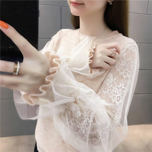Stitching Lace Knitted Sweater Women Spring and Autumn Loose Lantern Sleeve Bottoming Shirt