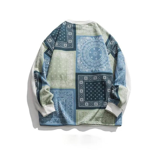 High-quality Tide Brand Cashew Flower Color Matching Plus Velvet Round Neck Sweater Men's Hip-hop Loose Casual All-match Capless Chic Top