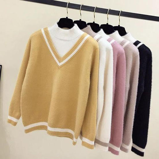 Women's Autumn and Winter Sweater Large Size Pullover Preppy Style Loose Half-high Collar Bottomed Sweater