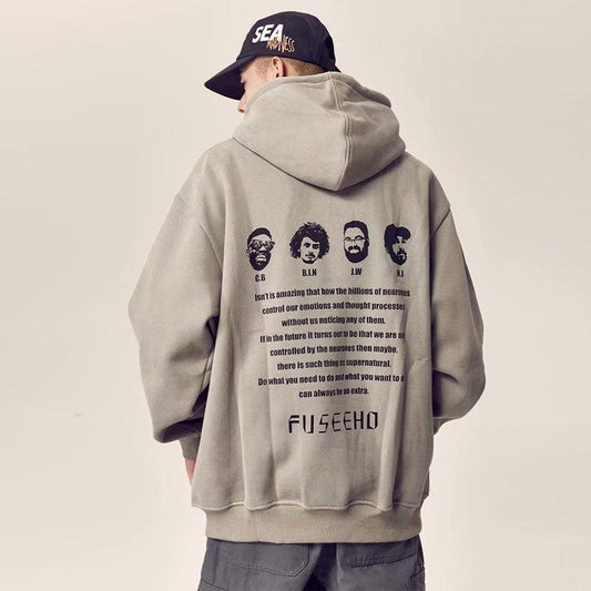 Men's Hooded Sweater Autumn and Winter Japanese Style Easy Tide Card Thickening Lovers Port Wind Korean Version Casual Clothes Pattern