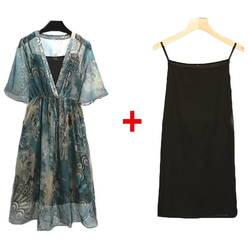 Dress 2pcs Suit Women's Chiffon Deep V-neck Short Sleeves Above Knee Printing Strapped
