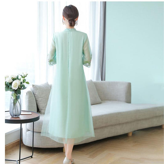Chiffon Cheongsam M-XXXXL Plus Size Chinese Style Summer Dress Knee-length Printed Over-the-knee Skirt