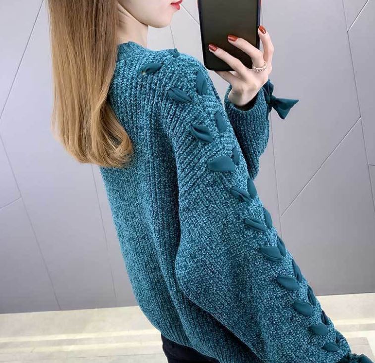 Fleece Chenille Crew Neck Sweater Tie Bow Long Sleeve Knit Sweater Solid Color Loose Oversized Sweater