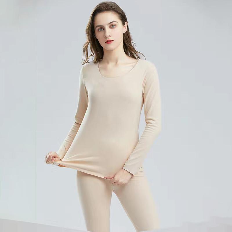 Women Autumn Clothes Winter Thermal Underwear O-neck Tops Pants Female Tight Suit Thicken Windproof Soft Lining Long Sleeve High Elasticity Slim