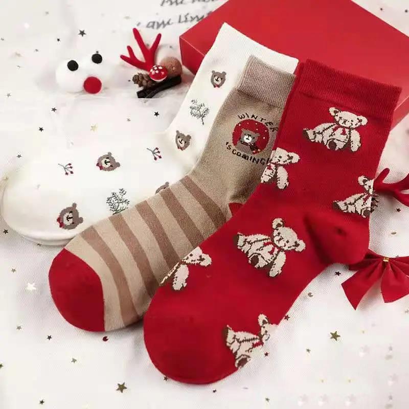Socks Winter Christmas Elk Tree Pattern Thicken Warm Women's Red Pure Cotton Cute Stockings