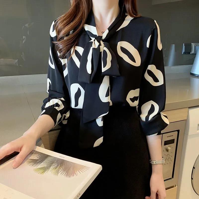 Women's Spring and Autumn Chiffon Shirt Long Sleeve Bow Top