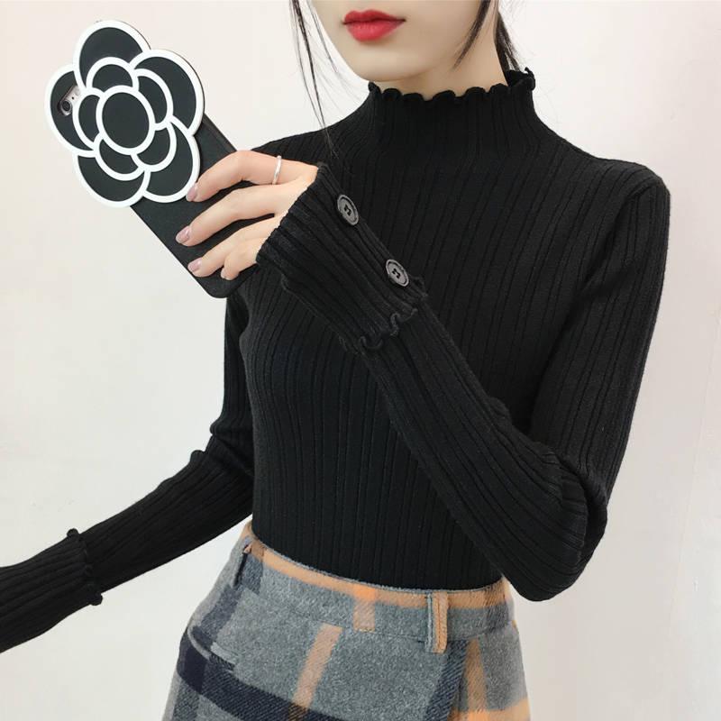Pofulove Slim Bottoming Sweater Women Autumn Winter Thickened Half-high Collar Fungus Short Sweaters