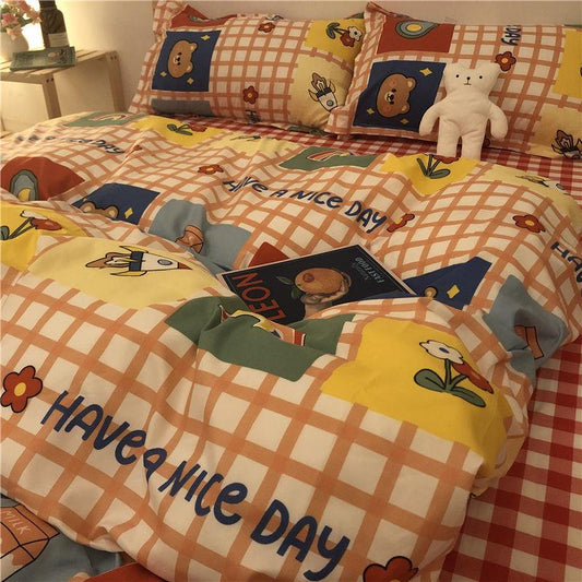 Four-piece Bed Sheets Contrast Color Fresh Air Four-piece Bedding Quilt Cover Household Goods Quilt Set