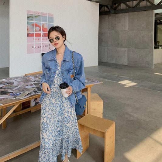 Chiffon Long Skirt Female Summer Holiday Style Retro Floral French Dress V-neck Spring Summer Casual Long Sleeves