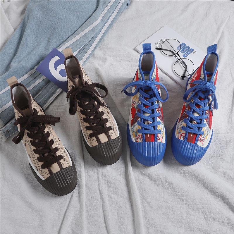 High-top Canvas Shoes Women's Shoes 2020 Canvas Shoes Blue Wild Retro Ins Hand-painted Printing Graffiti Shoes
