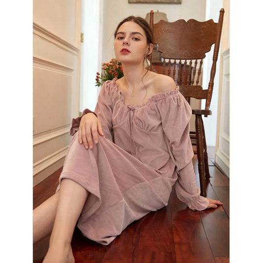Women's Elegant French Court Nightdress Coral Velvet Long Dress Long-sleevs Pleated Off Shoulder Sexy Warm Home Wear Outerwear