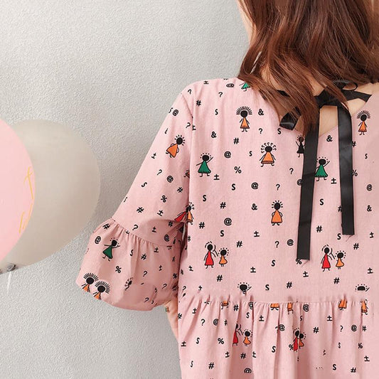3colors S-XXXXL Summer Round Neck Cute Girl Student Dress Cotton Loose Knee-length