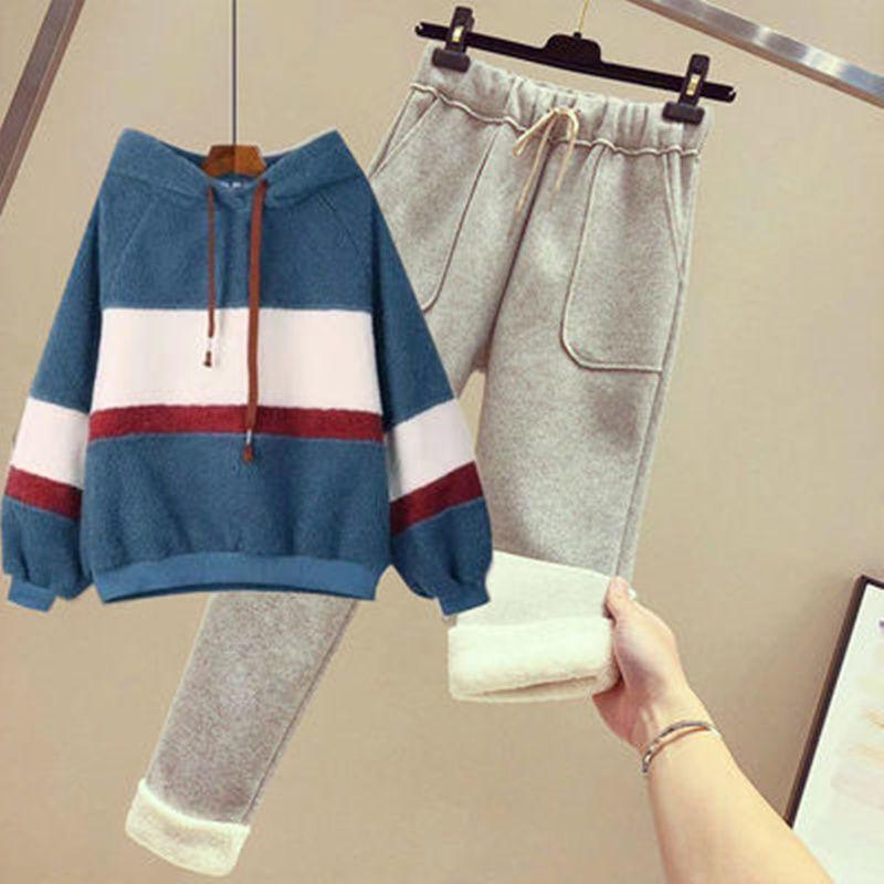 2pcs/set Women's sets Plus Velvet Thick Fleece hoodies +Woolen Pants 2 Pieces Set Autumn Winter Outfits Outwear