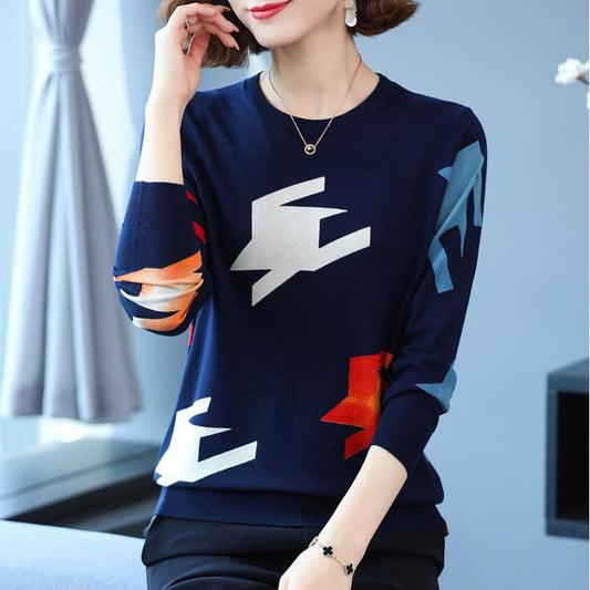 Autumn and Winter Ladies Printed Sweater Round Neck Long-sleeved Sweater High-end Western Style Bottoming Shirt