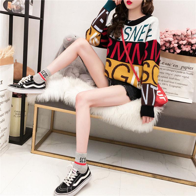 Letter Print Pullover Sweater Women Student Korean Loose Sweater Dress Top Autumn Winter Casual Bottoming Shirt Jumper