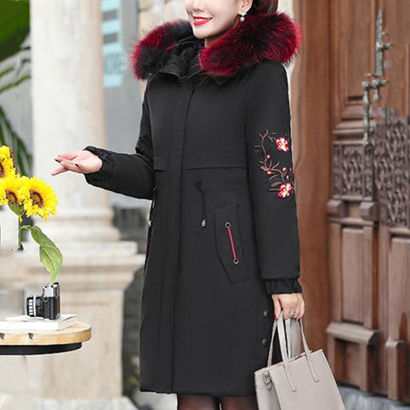 Women's Solid Color Down Jacket Mid-length Korean Style Loose Thick Coat Warm Cotton Coat Large Fur Collar Winter Quilted Jacket