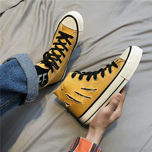 Spring Summer Men's Shoes Korean Version of The Trend of High-top Shoes Men's Casual Wild Shoes Cutout Distressed Canvas Shoes