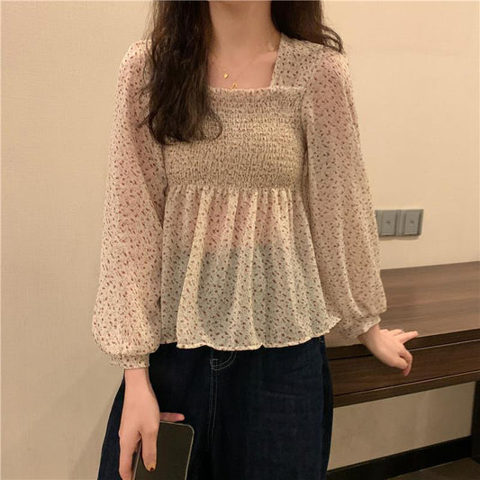 Blouse Women Sweet Korean Style Lovely Ladies Simple Lantern Sleeve Ruffles Popular Square Collar Thin Prairie Chic Holiday Tops