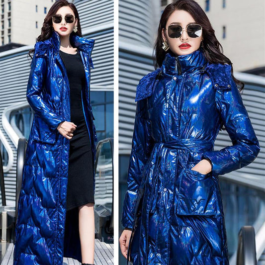 Women's Long Shiny Down Cotton Coat Women's Knee To Ankle Cotton Coat Women's Slim Fit Warm Jacket Parker