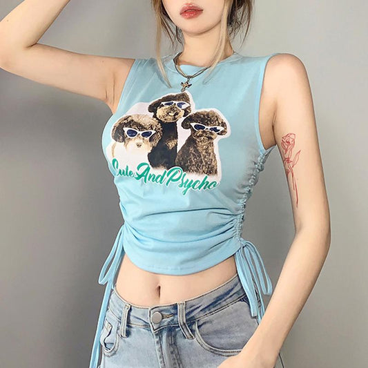 Summer Ladies Vest Fashion Retro Love Puppy Magic Mirror Print Short Side Drawstring Thin Round Neck Vest Sweet and Spicy Top