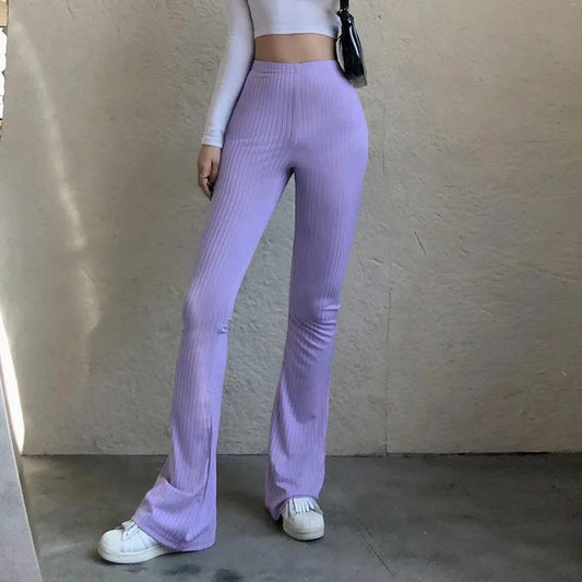 Women's Basic Solid Color Tight-fitting Pit Strip Casual Pants Micro-la High-waisted Leg-length Sports Trousers Fitness Fitness Jogging Pants