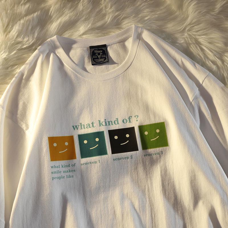 Retro Summer Simple Color Smiley Loose Round Neck Short-sleeved T-shirt for Men and Women Half-sleeved All-match Top