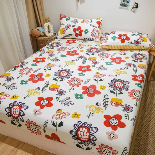 Cotton Bed Pillow Set Three-piece Plus Thick Anti-skid Protection Bed Cover 1.8 Meters 2 Meter Bed Bedding Set Print Field Garden Wind