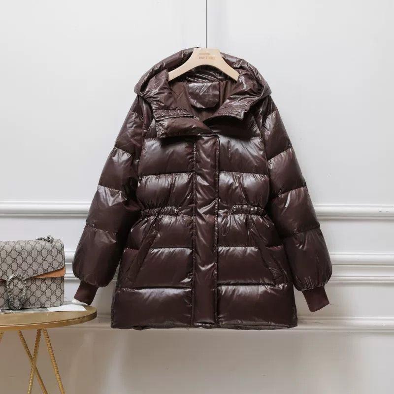Glossy Down Jacket Ladies Mid-length Winter Padded Waist Coat Hooded Parka