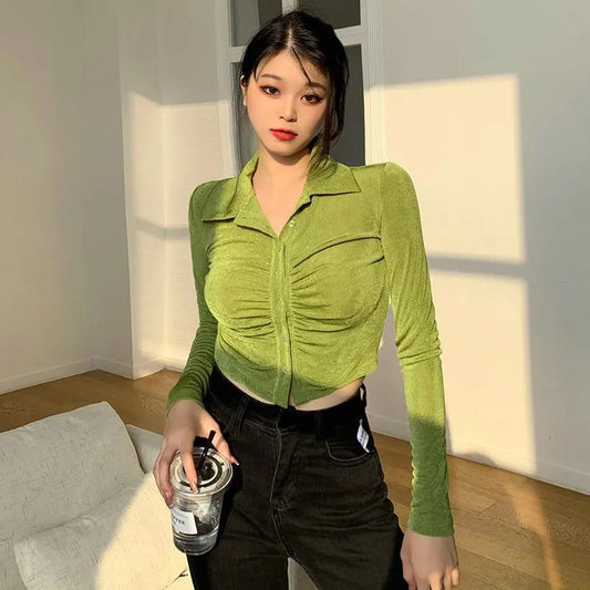 Polo Collar Long-sleeved Shirt Women's Spring and Autumn Slim Solid Color Top