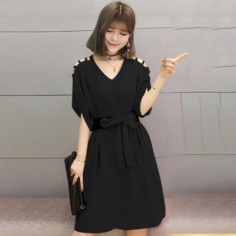 Solid Color V-neck Hollow Dress Summer Women Batwing Sleeve Big Bow Ring Belt Knee-length Dress