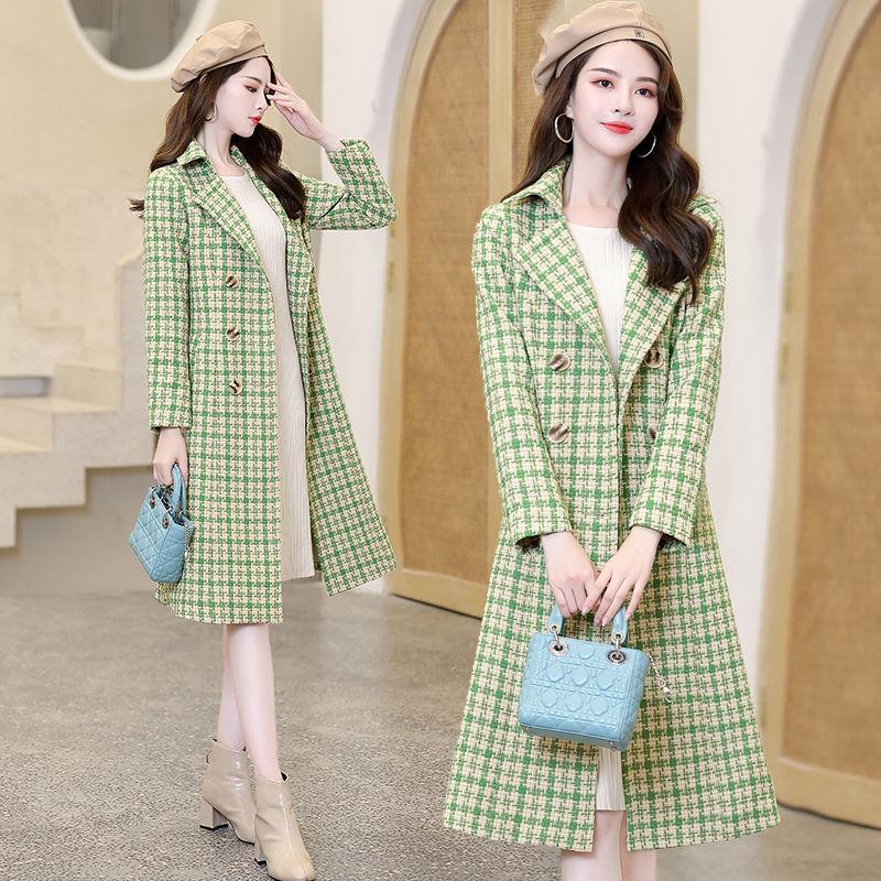 Winter Trench Jacket Women Casual Plaid Coat Warm Button Pocket Jackets Women Wool Overcoat