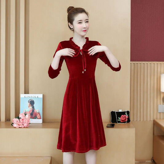 Autumn and winter dress women's long-sleeved thin dress wild large size waist waist skirt