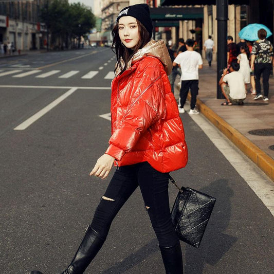 Hooded Loose Bright Face Down Jacket Women Autumn and Winter Bread Down Jacket Short Jacket